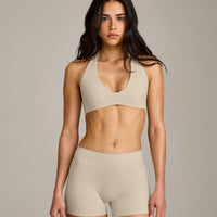 SoftMotion™ Minimal Halter Neck Bralette with Gray Logo | Oatmeal