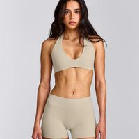 SoftMotion™ Minimal Halter Neck Bralette with Gray Logo | Oatmeal