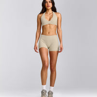 SoftMotion™ Minimal Halter Neck Bralette with Gray Logo | Oatmeal
