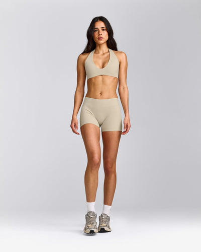 SoftMotion™ Minimal Halter Neck Bralette with Gray Logo | Oatmeal