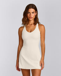 SoftMotion™ Racer Back Dress with Built in Shorts with Gray Logo | Marshmallow White