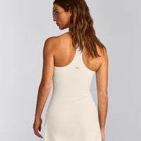 SoftMotion™ Racer Back Dress with Built in Shorts with Gray Logo | Marshmallow White