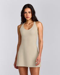 SoftMotion™ Racer Back Dress with Built in Shorts with Gray Logo | Oatmeal