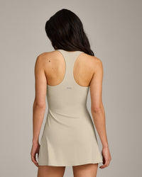SoftMotion™ Racer Back Dress with Built in Shorts with Gray Logo | Oatmeal