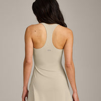 SoftMotion™ Racer Back Dress with Built in Shorts with Gray Logo | Oatmeal
