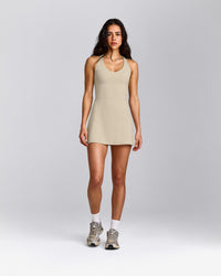 SoftMotion™ Racer Back Dress with Built in Shorts with Gray Logo | Oatmeal