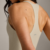 SoftMotion™ Racer Back Dress with Built in Shorts with Gray Logo | Oatmeal
