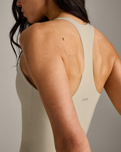 SoftMotion™ Racer Back Dress with Built in Shorts with Gray Logo | Oatmeal