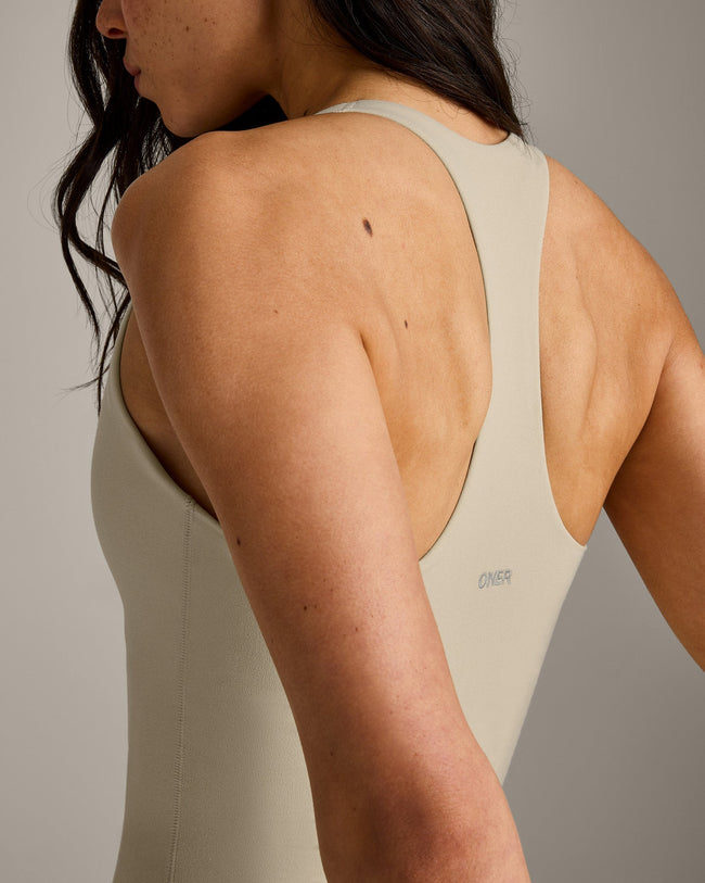 SoftMotion™ Racer Back Dress with Built in Shorts with Gray Logo | Oatmeal