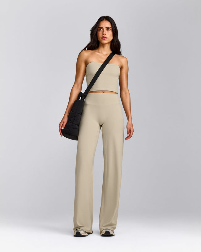 SoftMotion™ Straight Leg Pants with Gray Logo | Oatmeal