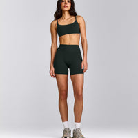 SoftMotion™ Strappy Sports Bra with Gray Logo | Emerald Noir