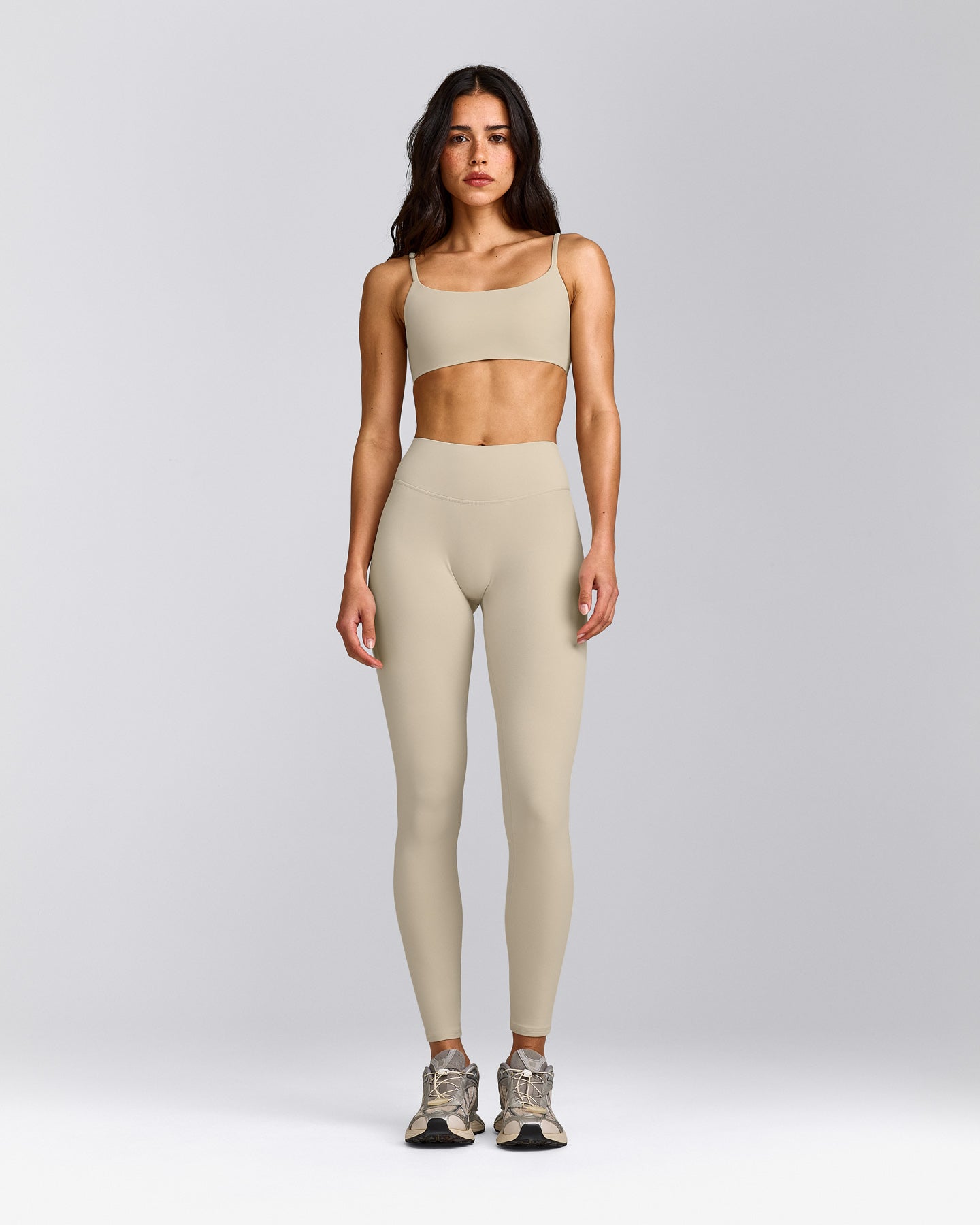 SoftMotion™ Strappy Sports Bra with Gray Logo | Oatmeal