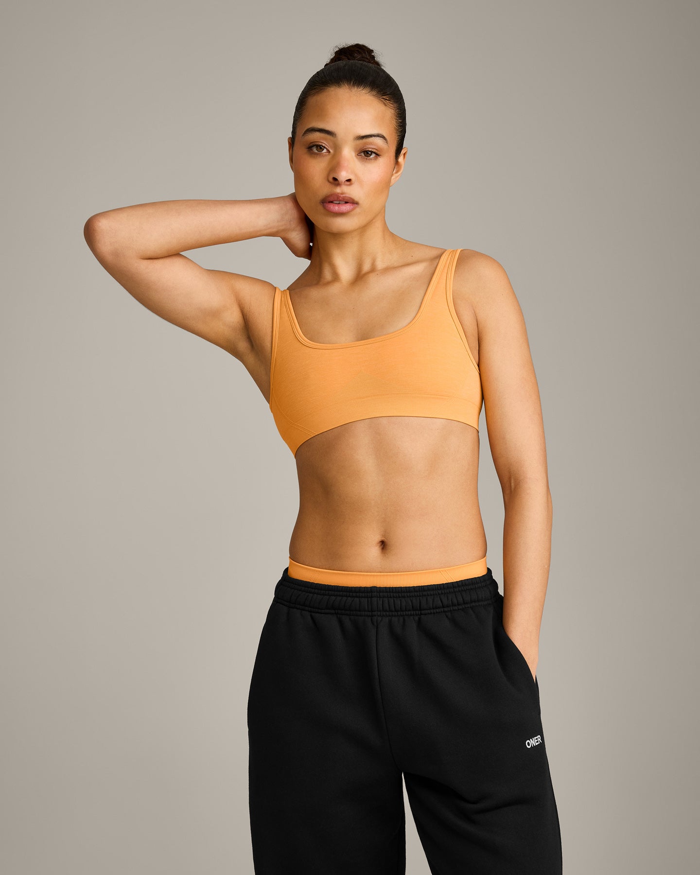 EffortlessLift™ Square Neck Sports Bra with Gray Logo | Powdered Orange