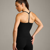 UnifiedMove™ T Back Mid Tank Top with Built in Bra Shelf with Reflective Logo | Black