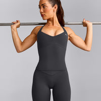 UnifiedMove™ T Back Mid Tank Top with Built in Bra Shelf with Reflective Logo | Coal