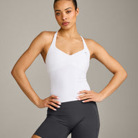 UnifiedMove™ T Back Mid Tank Top with Built in Bra Shelf with Reflective Logo | White