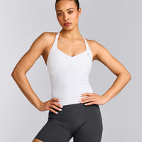UnifiedMove™ T Back Mid Tank Top with Built in Bra Shelf with Reflective Logo | White