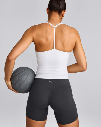 UnifiedMove™ T Back Mid Tank Top with Built in Bra Shelf with Reflective Logo | White