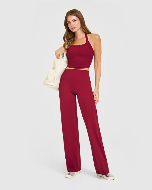 Mellow™ Rib Halter Neck Mid Vest with Built in Bra Shelf | Ruby Red