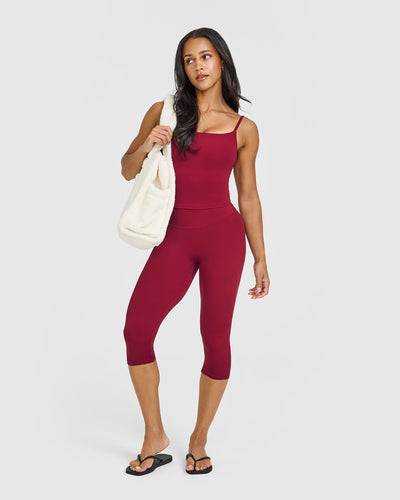 SoftMotion™ High Waisted Capri Leggings with White Logo | Ruby Red