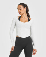 Mellow™ Rib V Neck Mid Long Sleeve Top | Light Grey Marl
