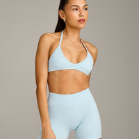EnhanceLift™ Seamless Minimal Halter Neck Bralette with Gray Logo | Cloud Blue