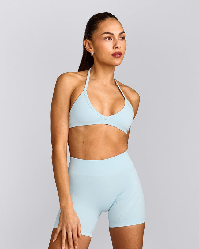 EnhanceLift™ Seamless Minimal Halter Neck Bralette with Gray Logo | Cloud Blue