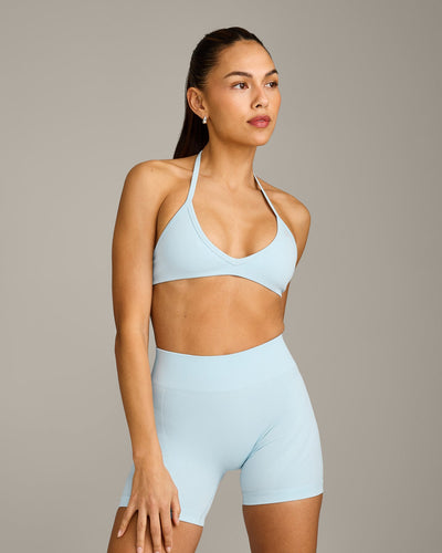 EnhanceLift™ Seamless Minimal Halter Neck Bralette with Gray Logo | Cloud Blue