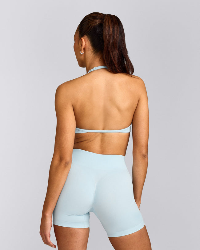 EnhanceLift™ Seamless Minimal Halter Neck Bralette with Gray Logo | Cloud Blue