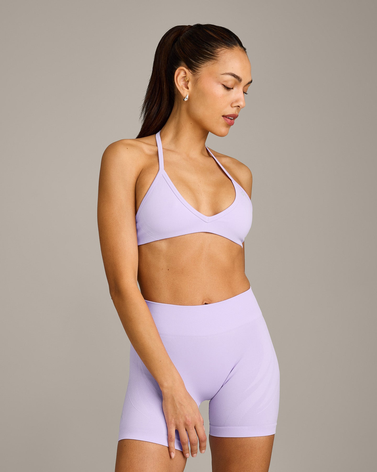 EnhanceLift™ Seamless Minimal Halter Neck Bralette with Gray Logo | Lavender Purple