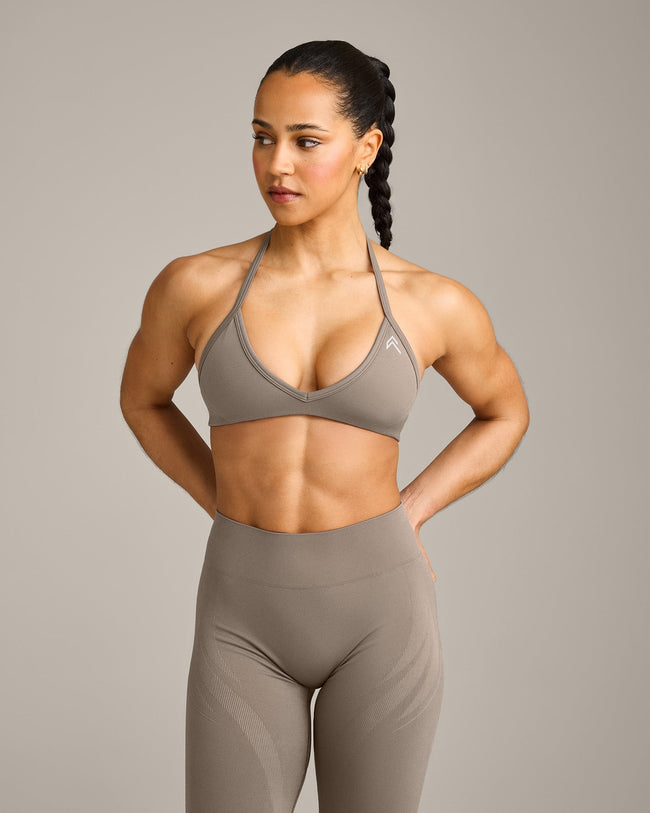 EnhanceLift™ Seamless Minimal Halter Neck Bralette with Gray Logo | Warm Minky