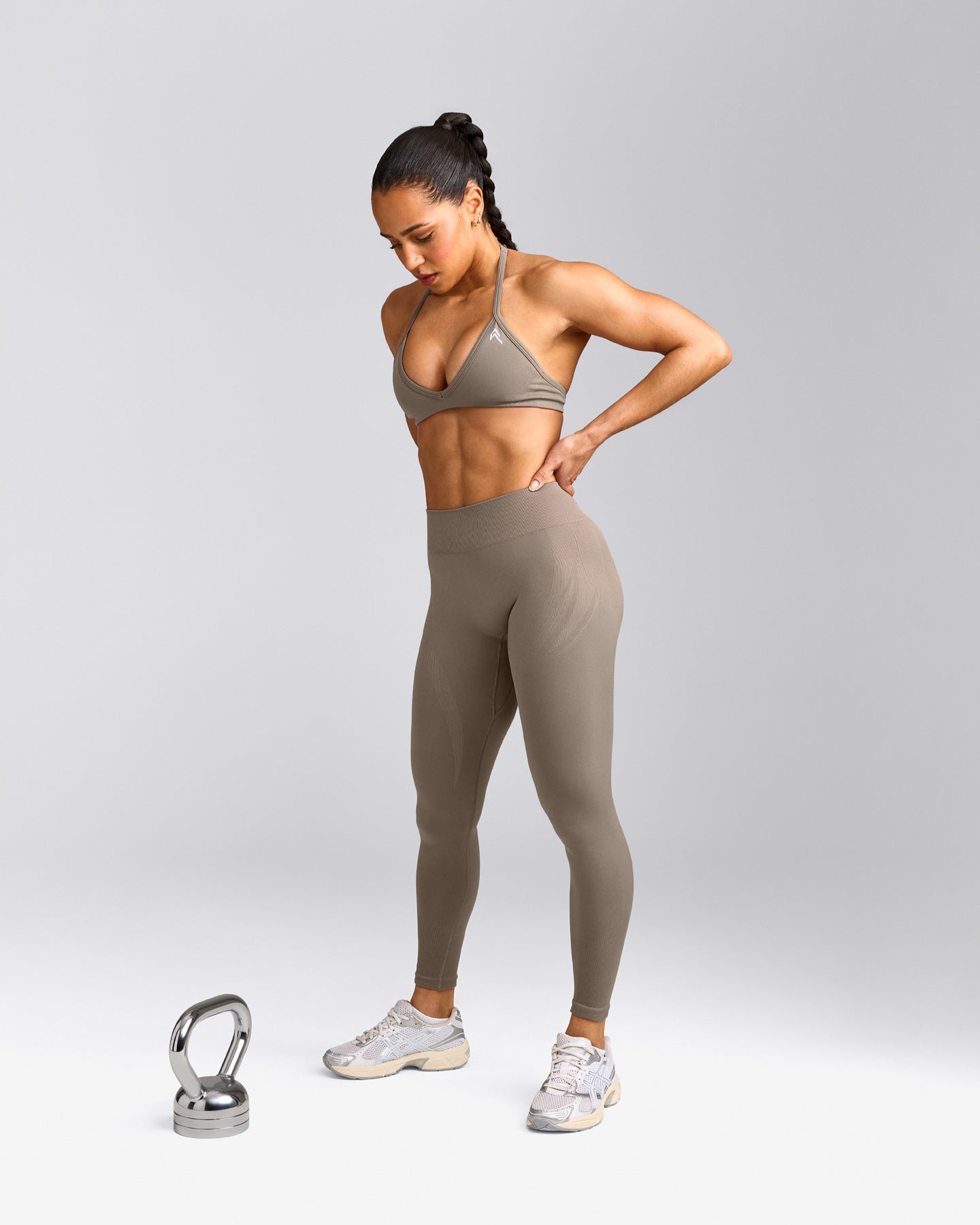 EnhanceLift™ Seamless Minimal Halter Neck Bralette with Gray Logo | Warm Minky
