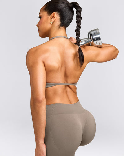 EnhanceLift™ Seamless Minimal Halter Neck Bralette with Gray Logo | Warm Minky