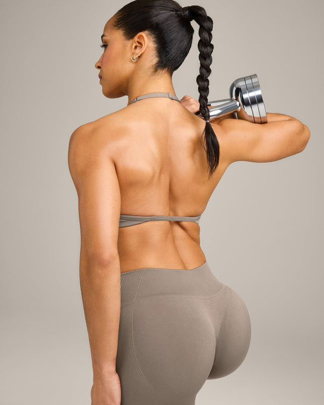 EnhanceLift™ Seamless Minimal Halter Neck Bralette with Gray Logo | Warm Minky