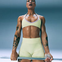 EnhanceLift™ Seamless Minimal Halter Neck Bralette with Gray Logo | Pastel Yellow