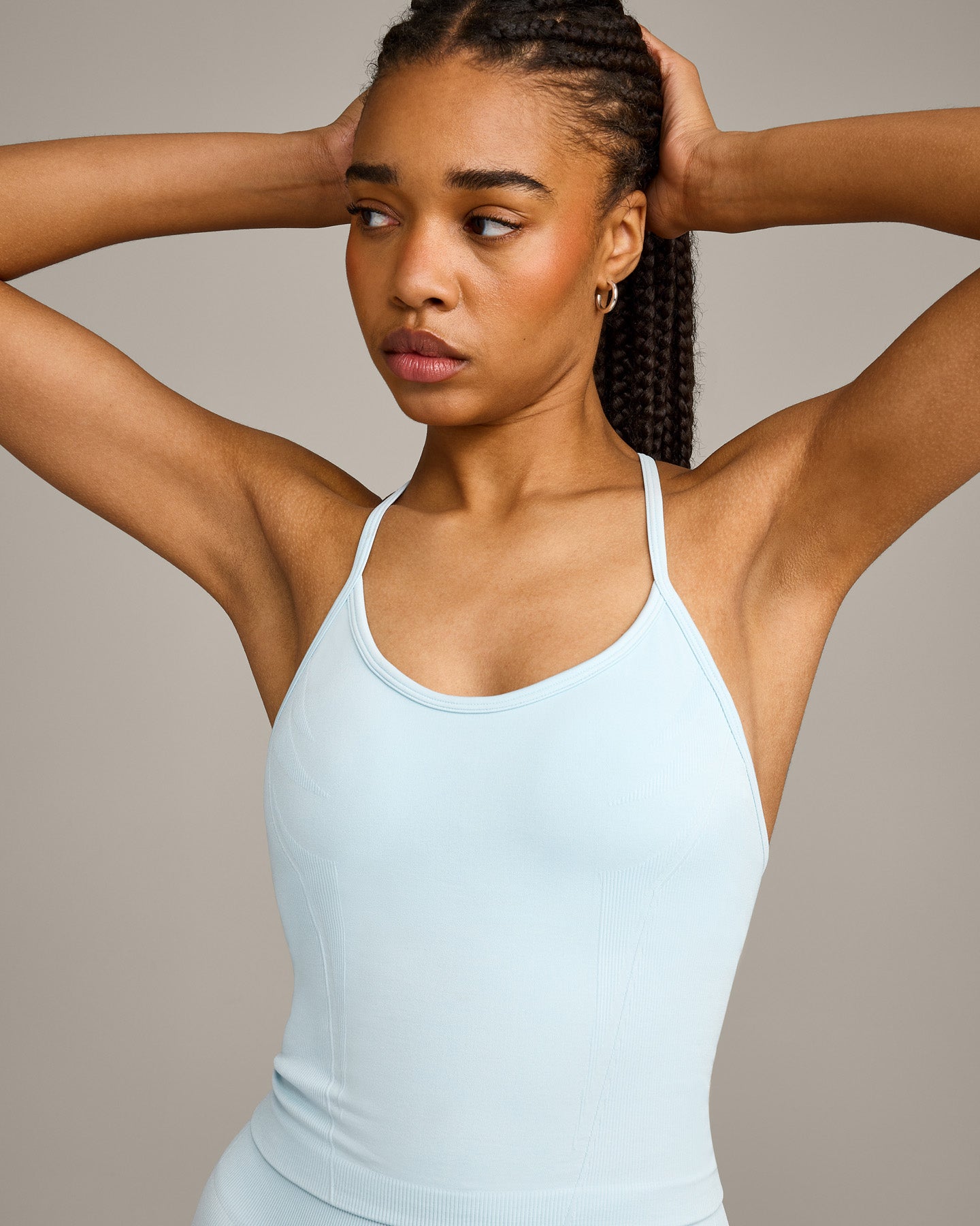 EnhanceLift™ Seamless Strappy Racer Tank Top with Built in Bra Shelf with Gray Logo | Cloud Blue