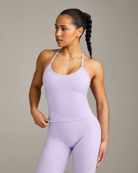 EnhanceLift™ Seamless Strappy Racer Tank Top with Built in Bra Shelf with Gray Logo | Lavender Purple