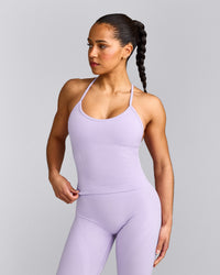EnhanceLift™ Seamless Strappy Racer Tank Top with Built in Bra Shelf with Gray Logo | Lavender Purple