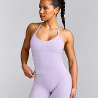 EnhanceLift™ Seamless Strappy Racer Tank Top with Built in Bra Shelf with Gray Logo | Lavender Purple