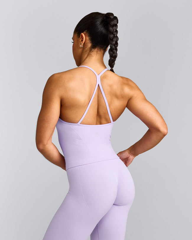 EnhanceLift™ Seamless Strappy Racer Tank Top with Built in Bra Shelf with Gray Logo | Lavender Purple