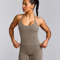 EnhanceLift™ Seamless Strappy Racer Tank Top with Built in Bra Shelf with Gray Logo | Warm Minky