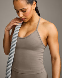 EnhanceLift™ Seamless Strappy Racer Tank Top with Built in Bra Shelf with Gray Logo | Warm Minky