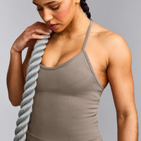 EnhanceLift™ Seamless Strappy Racer Tank Top with Built in Bra Shelf with Gray Logo | Warm Minky