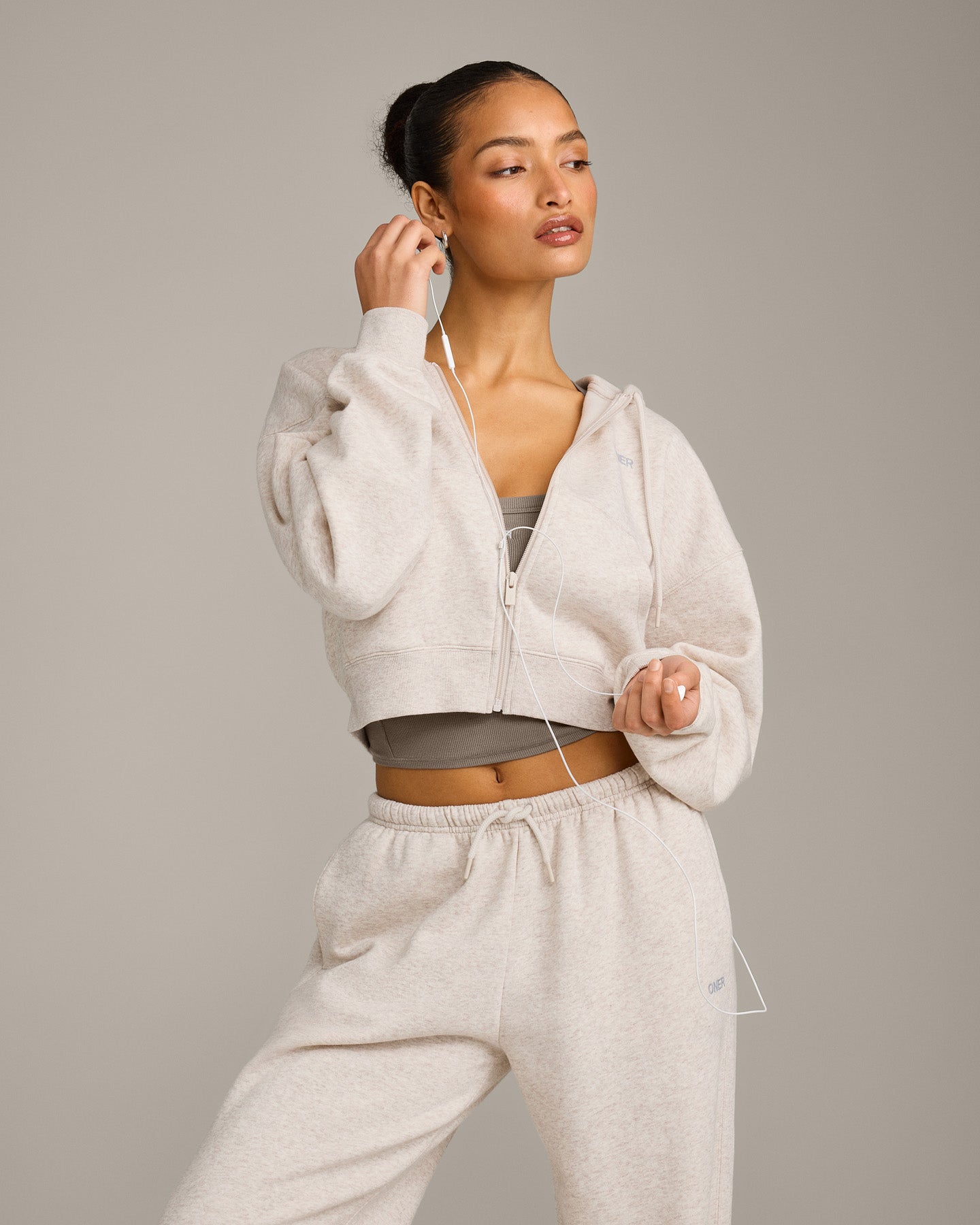 Foundations All Season Cropped Zip Up Hoodie | Oat Marl