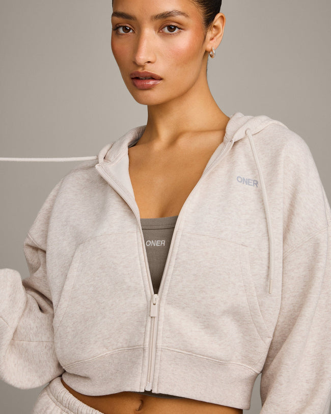 Foundations All Season Cropped Zip Up Hoodie | Oat Marl