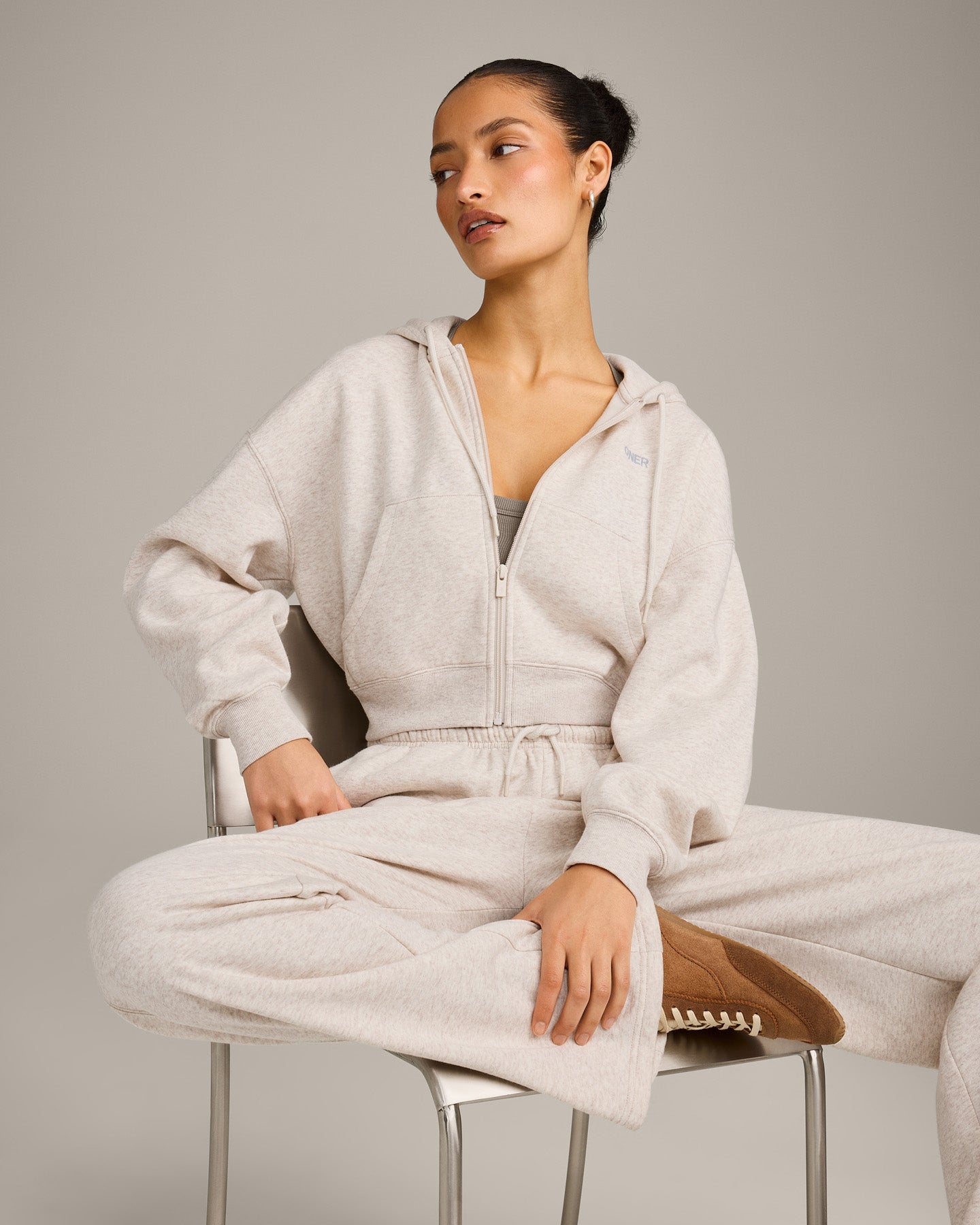 Foundations All Season Cropped Zip Up Hoodie | Oat Marl