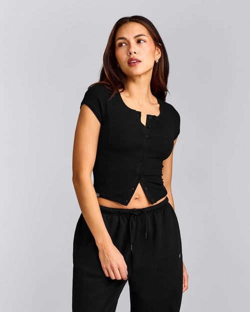 Mellow™ Rib Mid Short Sleeve Cardigan | Black