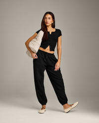 Mellow™ Rib Mid Short Sleeve Cardigan | Black