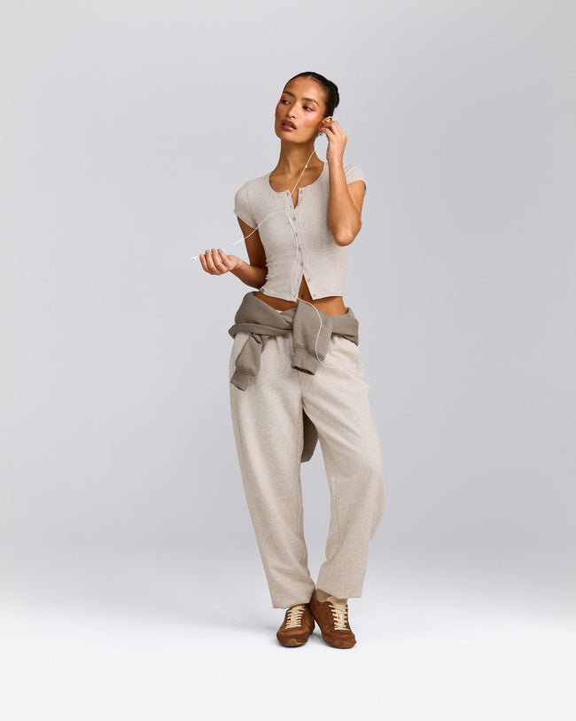 Mellow™ Rib Mid Short Sleeve Cardigan | Oat Marl