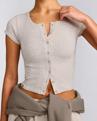 Mellow™ Rib Mid Short Sleeve Cardigan | Oat Marl